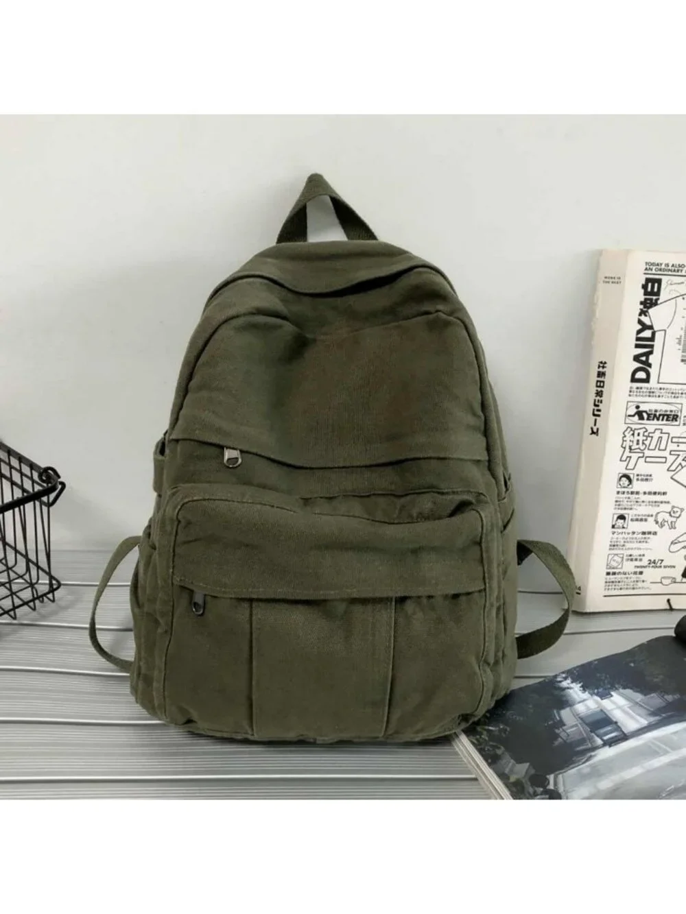 Retro Military Green Canvas Backpack - Unisex Rucksack for School, Travel